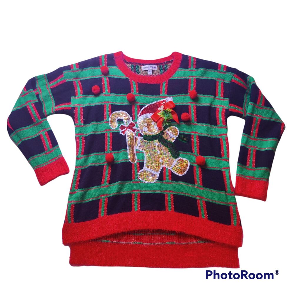 Gingerbread Man Plaid Sequins Ugly Christmas Sweater Womens L Rebecca Malone